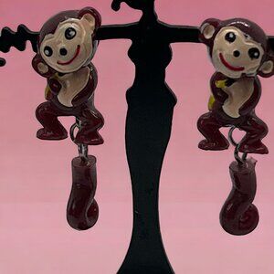 Monkey Articulated Earrings Front Back Plastic 1.5" tall